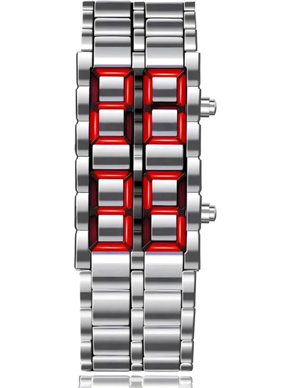 Men's Silver Red Analog Quartz Lava Style Stainless Steel Bracelet Digital Watch